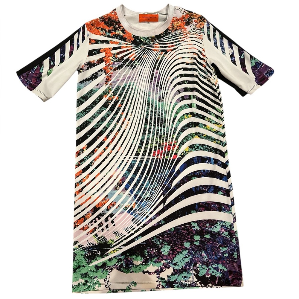 CLOVER CANYON CREW NECK PULLOVER SHORT SLEEVE COLORFUL DRESS S